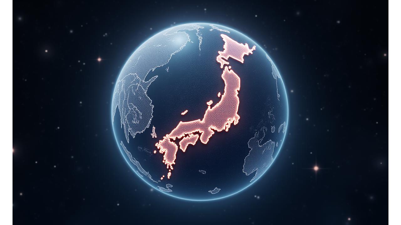 2022年 世界地図を背景に、日本から各国へ広がる光のライン