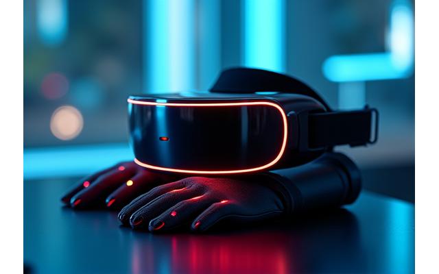 光る未来的なVRヘッドセットとハプティックグローブのクローズアップ