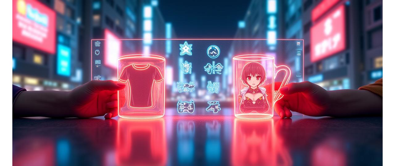 ユーザーがデザインツールでアニメグッズをカスタマイズしている様子