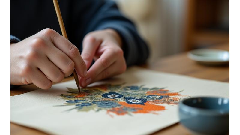 伝統的な染物技術を説明する職人の手元クローズアップ