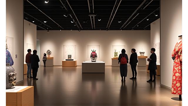 国際博物館に展示されたアニメと伝統工芸のコラボ作品を鑑賞する人々