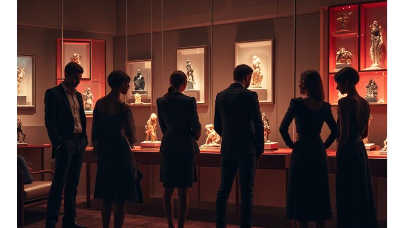 高級クラブのラウンジのような場所で、アートフィギュアを囲んで談笑するコレクターたちの洗練された集まり。