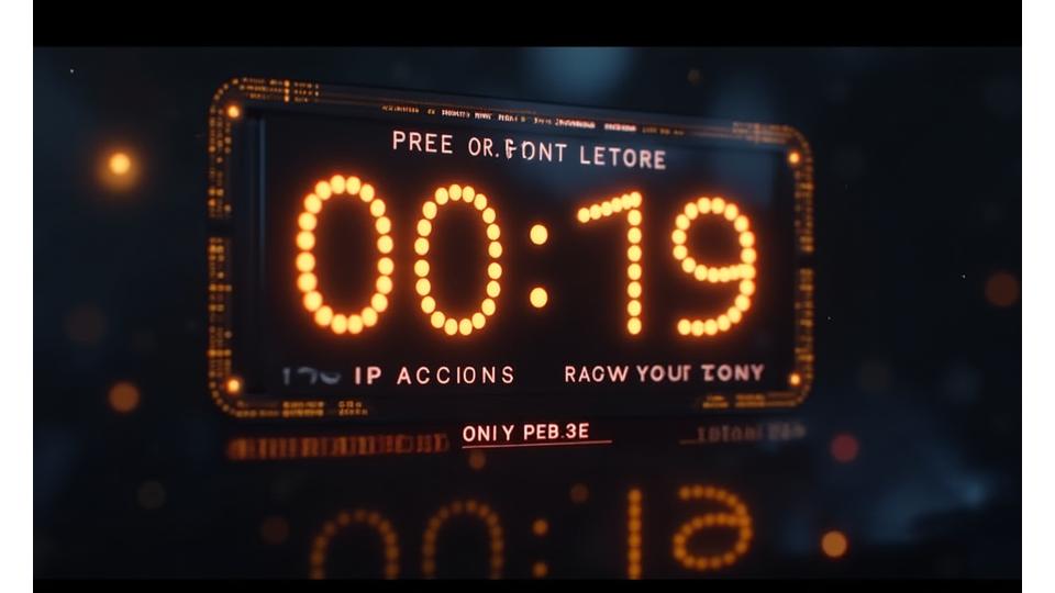 高級感のあるデジタル時計が「限定予約開始まで」という文字とカウントダウンを表示している。背景には高級な予約画面のUI。