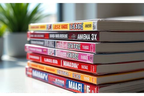 最新刊のマンガが積み重ねられている