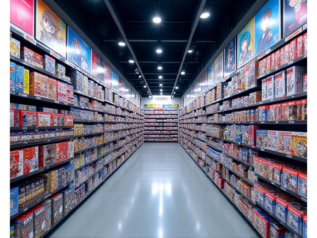 様々なアニメグッズが並ぶ棚