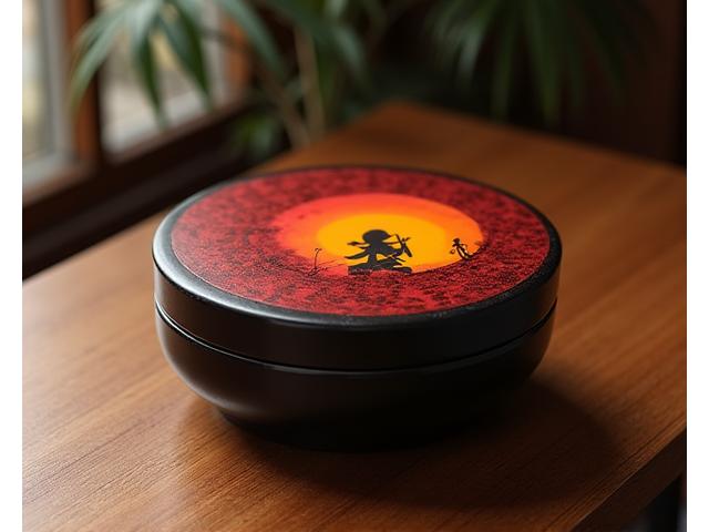 伝統的な漆器にアニメのキャラクターが描かれている